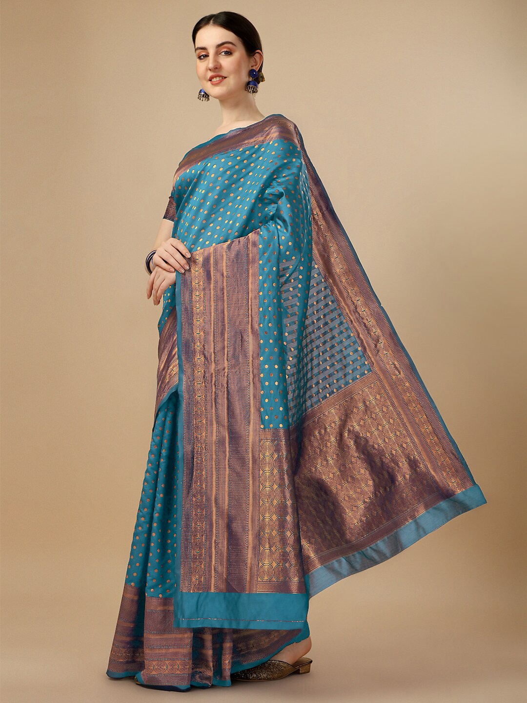 

Ashiya Fab Woven Design Ethnic Motifs Zari Kanjeevaram Saree, Teal