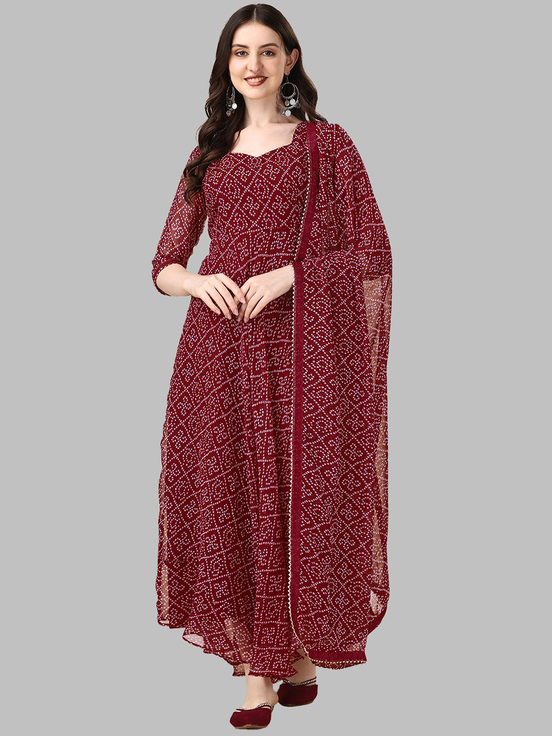 

N N ENTERPRISE Printed Detailed Fit & Flared Ethnic Dress, Red