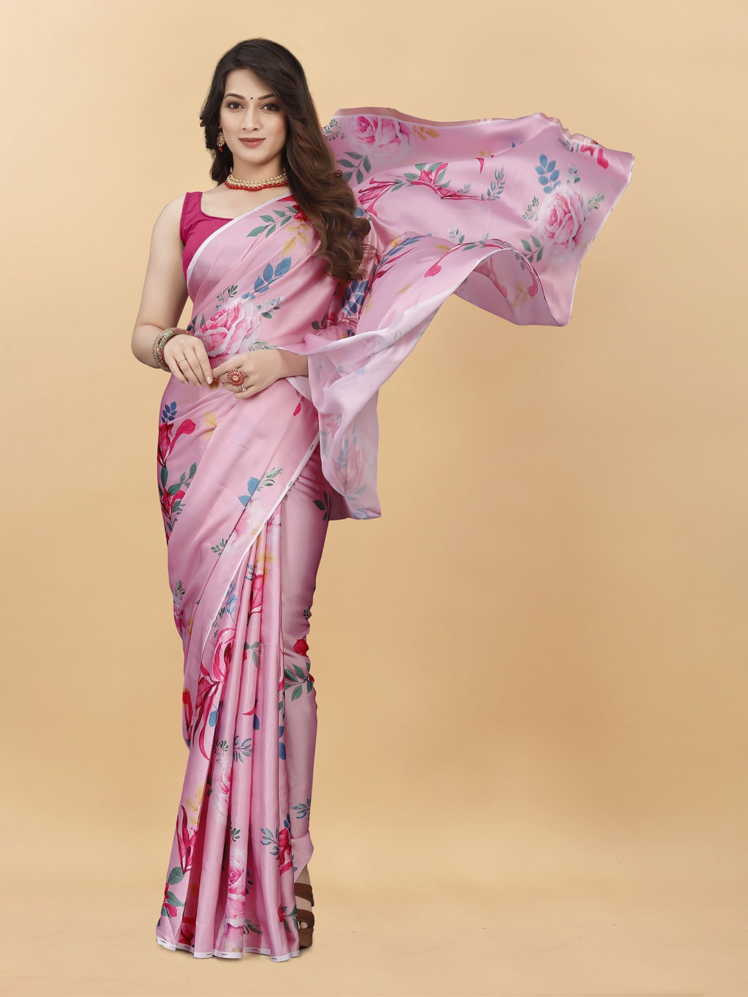 

DIVASTRI Floral Satin Banarasi Saree, Pink