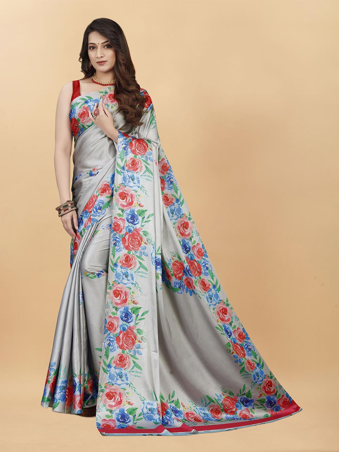 

DIVASTRI Floral Satin Banarasi Saree, Grey