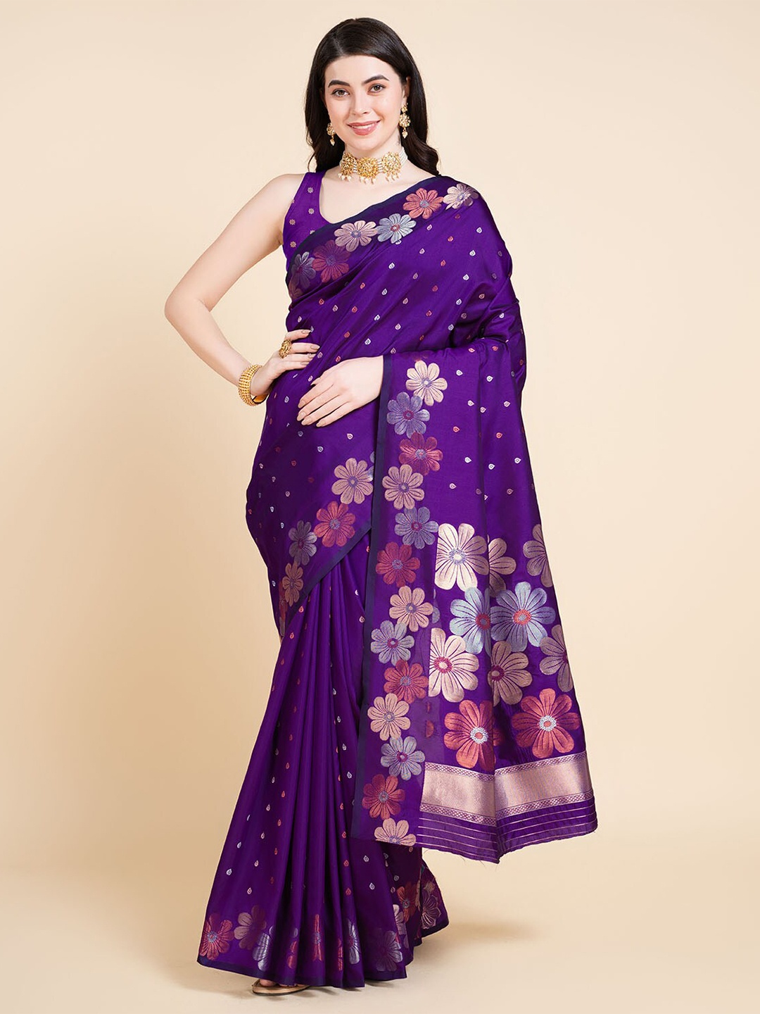 

Tasarika Floral Print Woven Design Pure Silk Banarasi Saree, Purple