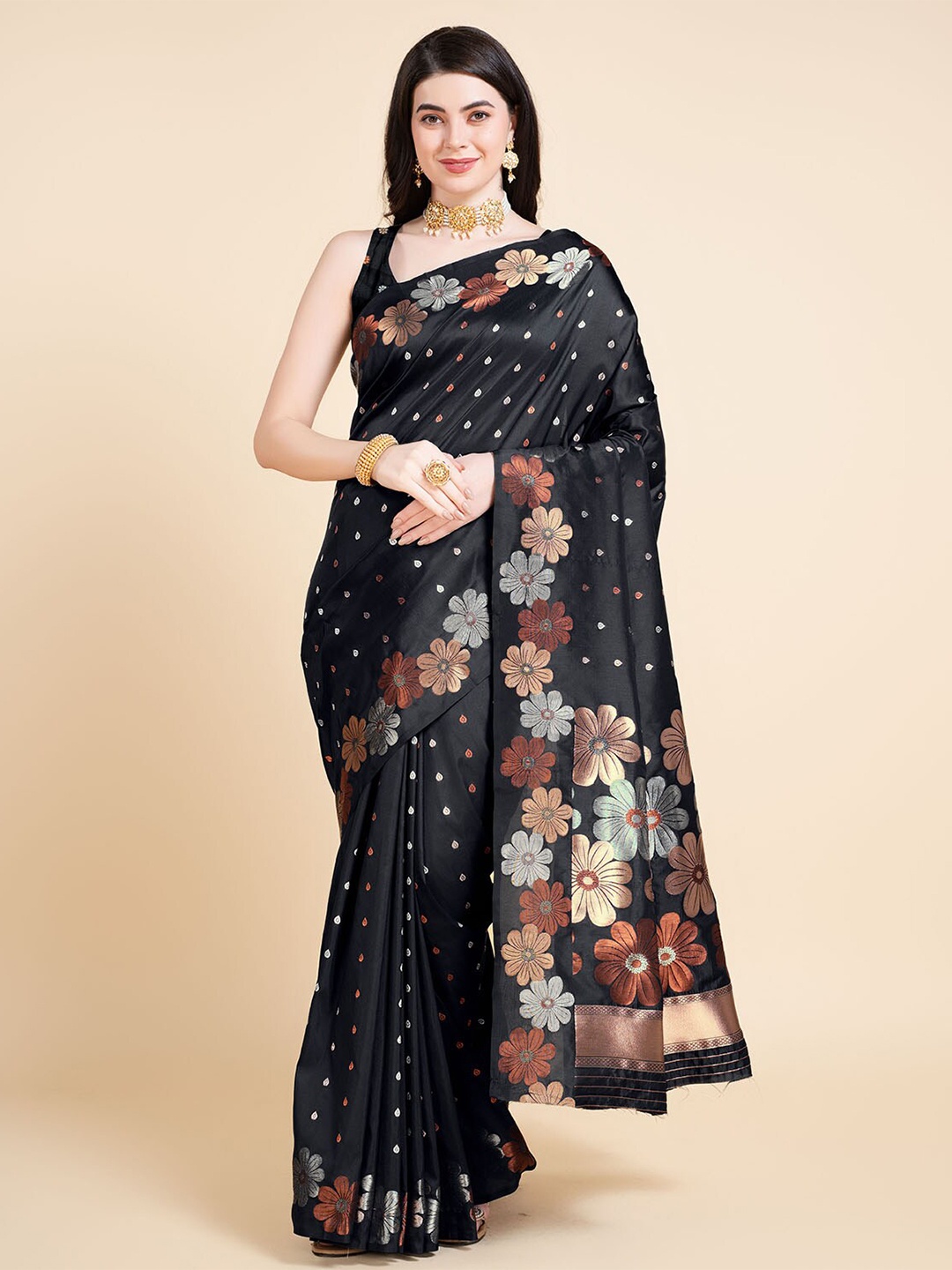 

Tasarika Floral Print Woven Design Pure Silk Banarasi Saree, Black