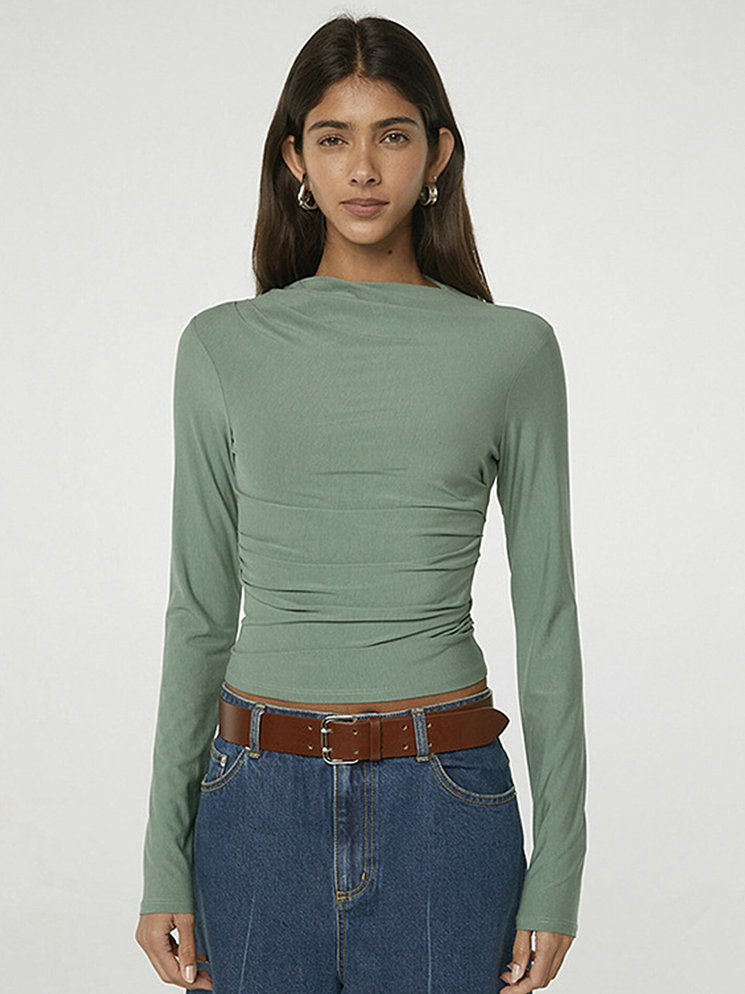

LULU & SKY Mock Neck Slim Fit Crop Fitted Top, Green
