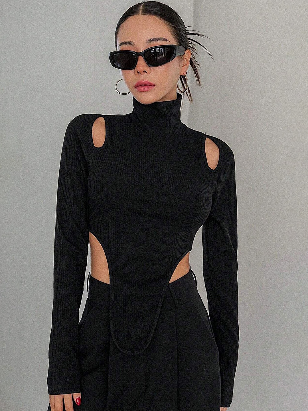 

LULU & SKY High Neck Cut Out Cold-Shoulder Crop Top, Black