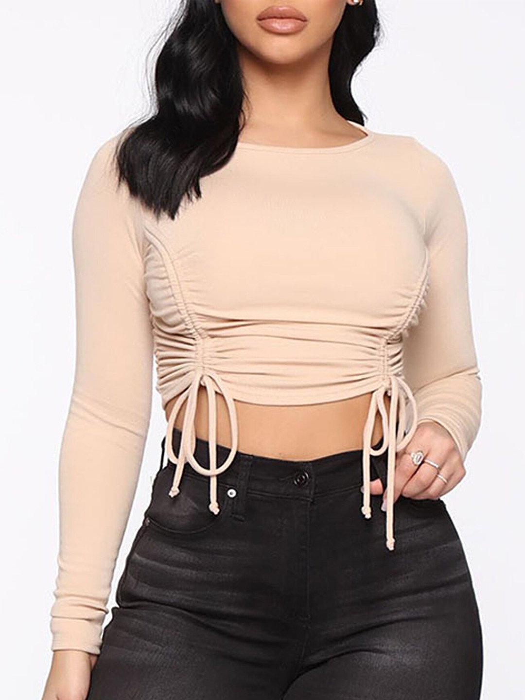 

LULU & SKY Long Sleeves Ruched Cotton Crop Fitted Top, Beige
