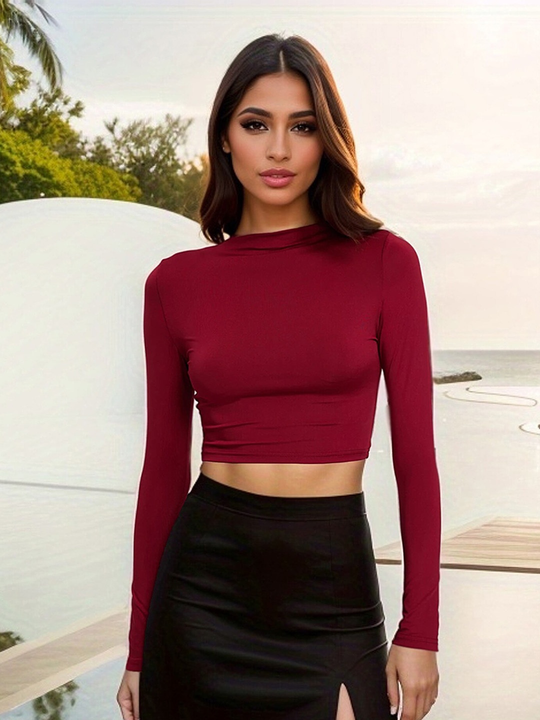 

LULU & SKY High Neck Long Sleeves Fitted Crop Top, Burgundy