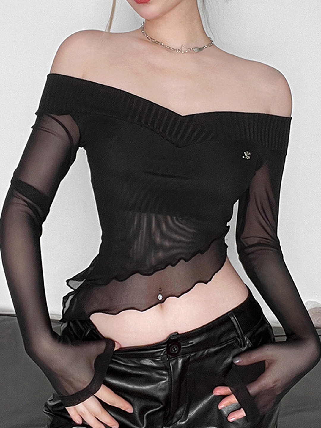 

LULU & SKY Off-Shoulder Sheer Bardot Crop Top, Black