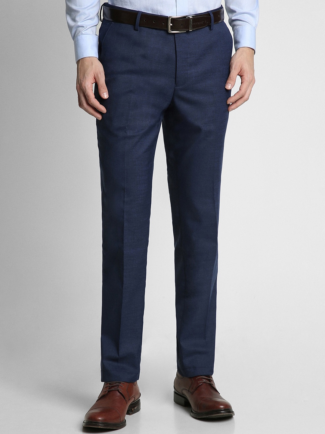 

Peter England Men Slim Fit Textured Self Design Formal Trousers, Navy blue