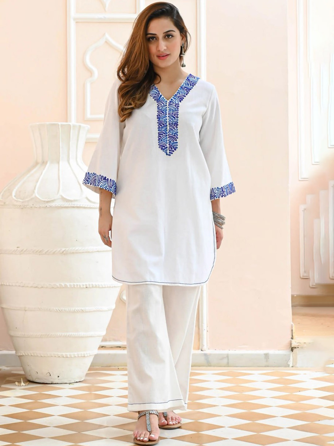 

Ashiya Fab Embroidered Tunic With Palazzo Co-Ords, White