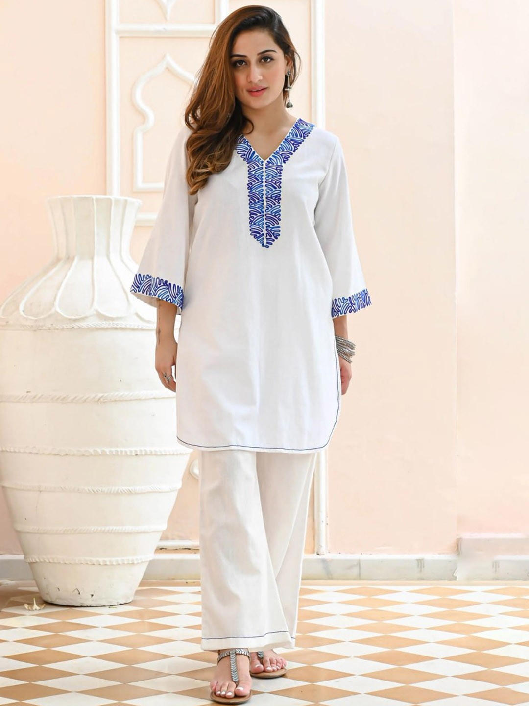 

Ashiya Fab Embroidered Pure Cotton Tunic With Palazzo Co-Ords, White