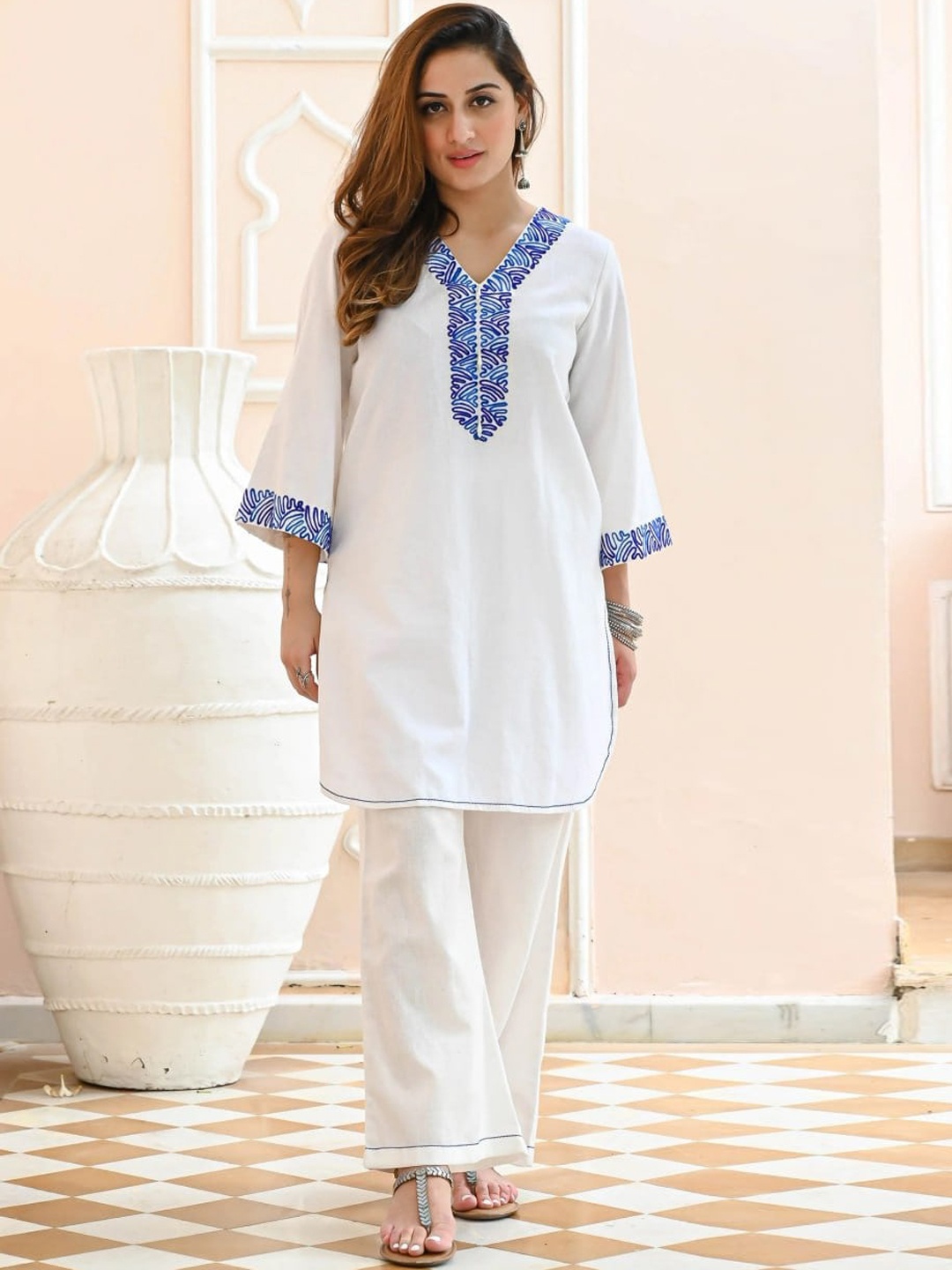 

Ashiya Fab Embroidered Tunic With Palazzo Co-Ords, White