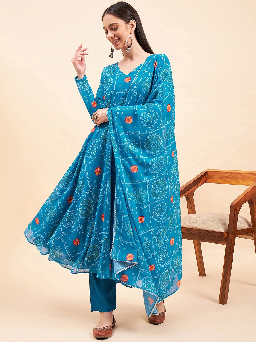 

KALINI Floral Printed Regular Gotta Patti Anarkali Kurta with Trousers & With Dupatta, Blue