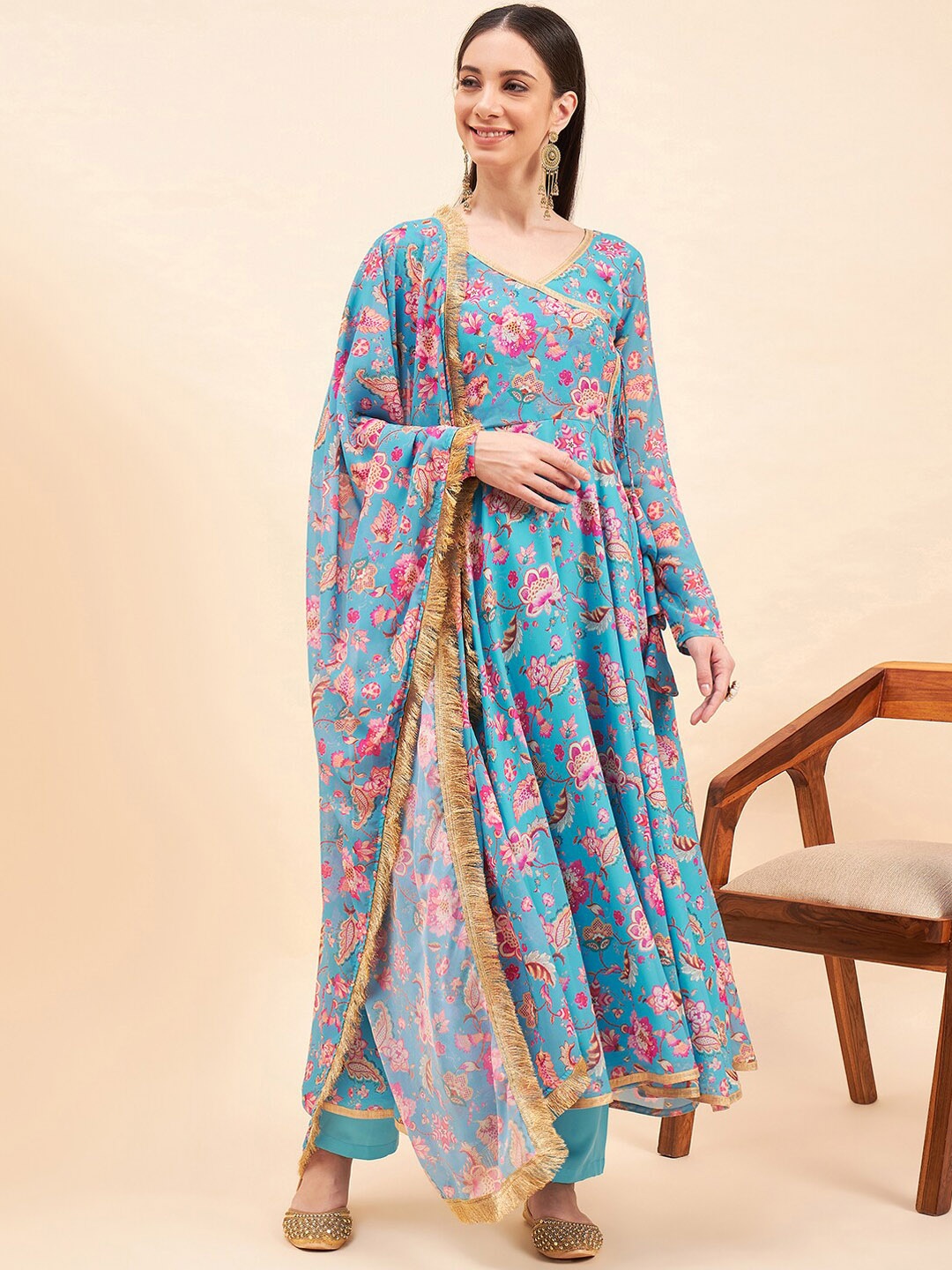 

KALINI Floral Printed Angrakha Kurta with Trousers & With Fringed Dupatta, Turquoise blue