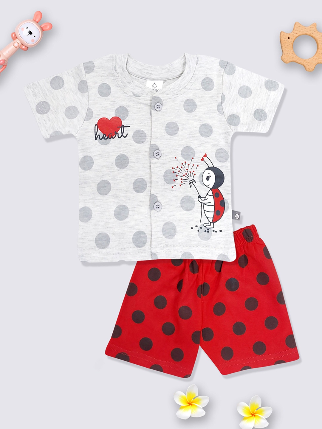 

Moms Love Infants Girls Printed Cotton Front Open T-shirt with Shorts, Grey