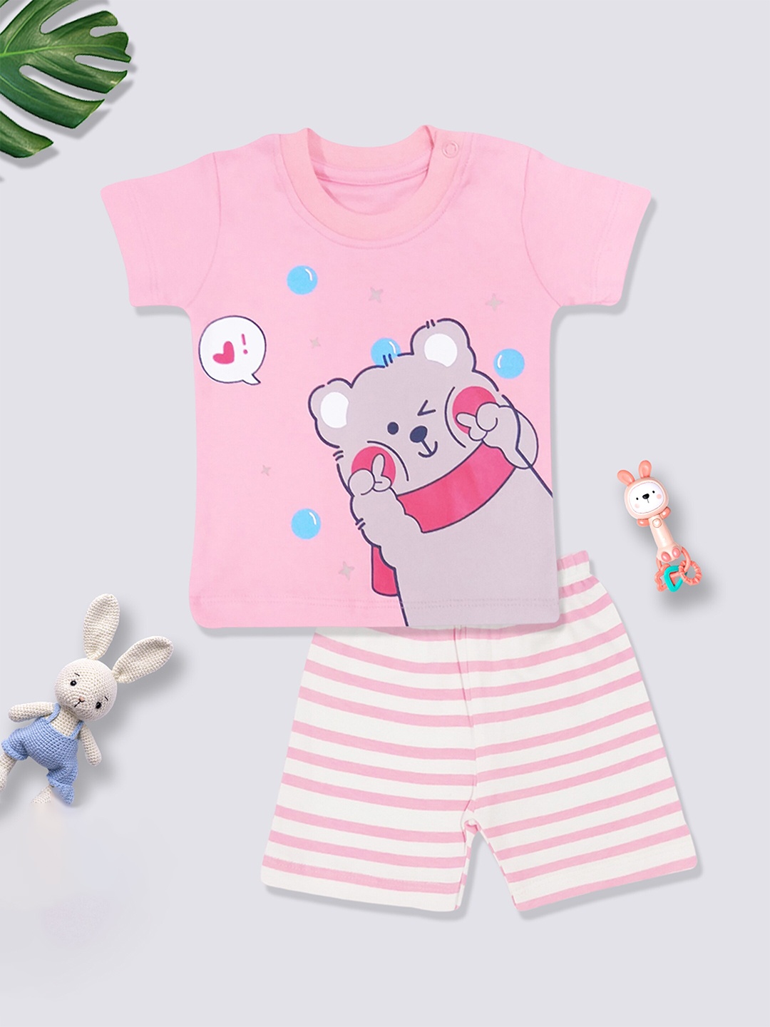 

Moms Love Infants Boys Printed Pure Cotton T-shirt with Shorts, Pink