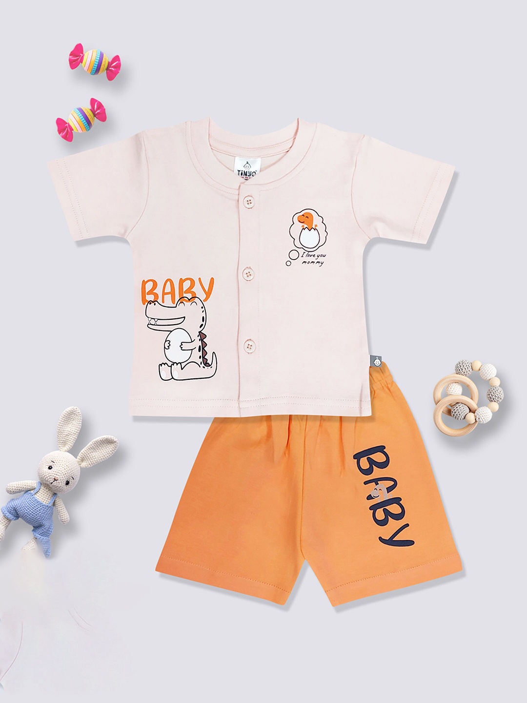 

Moms Love Infants Printed Pure Cotton Front Open T-shirt with Shorts, Peach