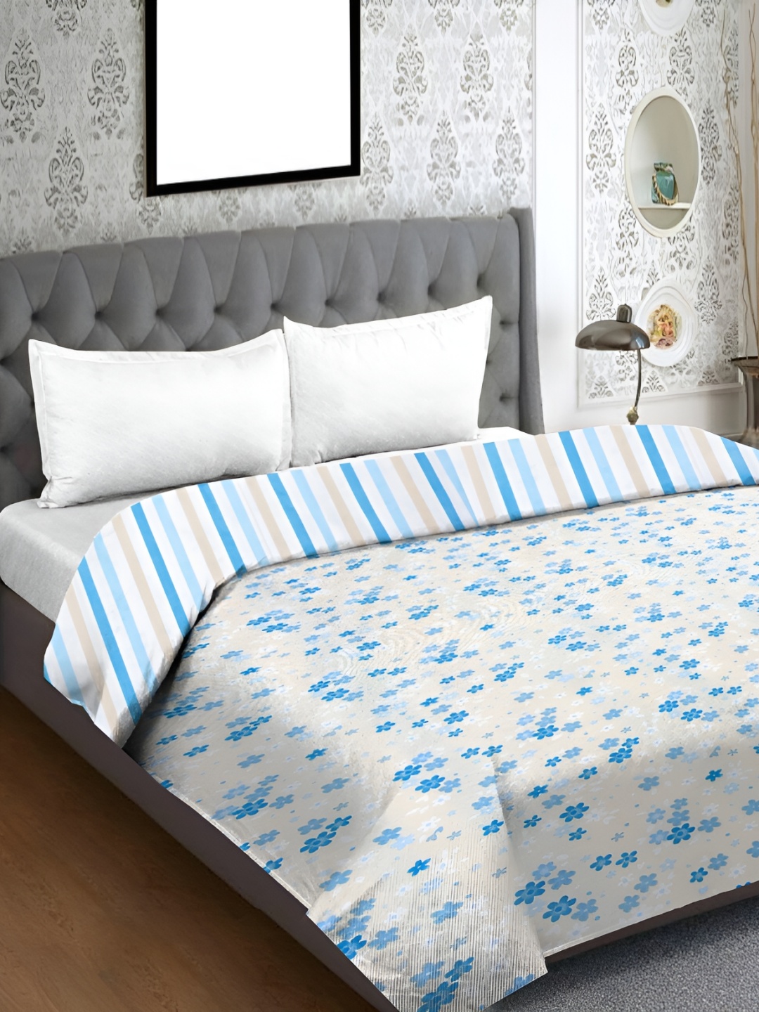 

RRC Beige & Blue Floral Cotton AC Room 150 GSM Double Bed Dohar