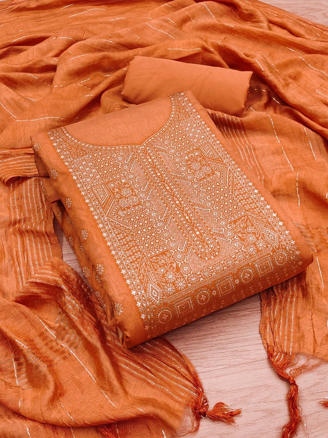 

Panzora Ethnic Motifs Woven Design Art Silk Unstitched Dress Material, Orange