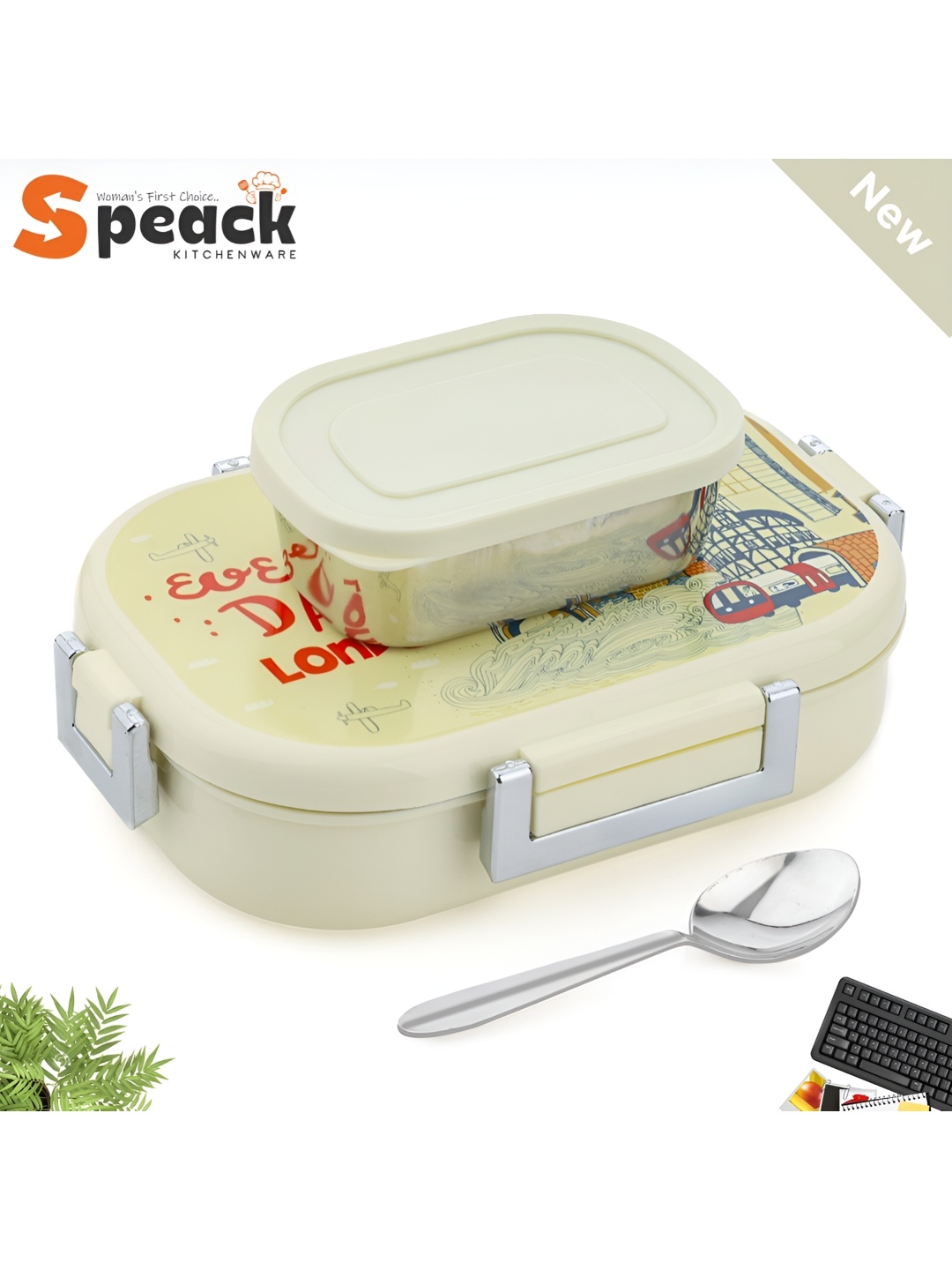 

Speack Cream Stainless Steel Dishwasher Safe Lunch Box 900 ml