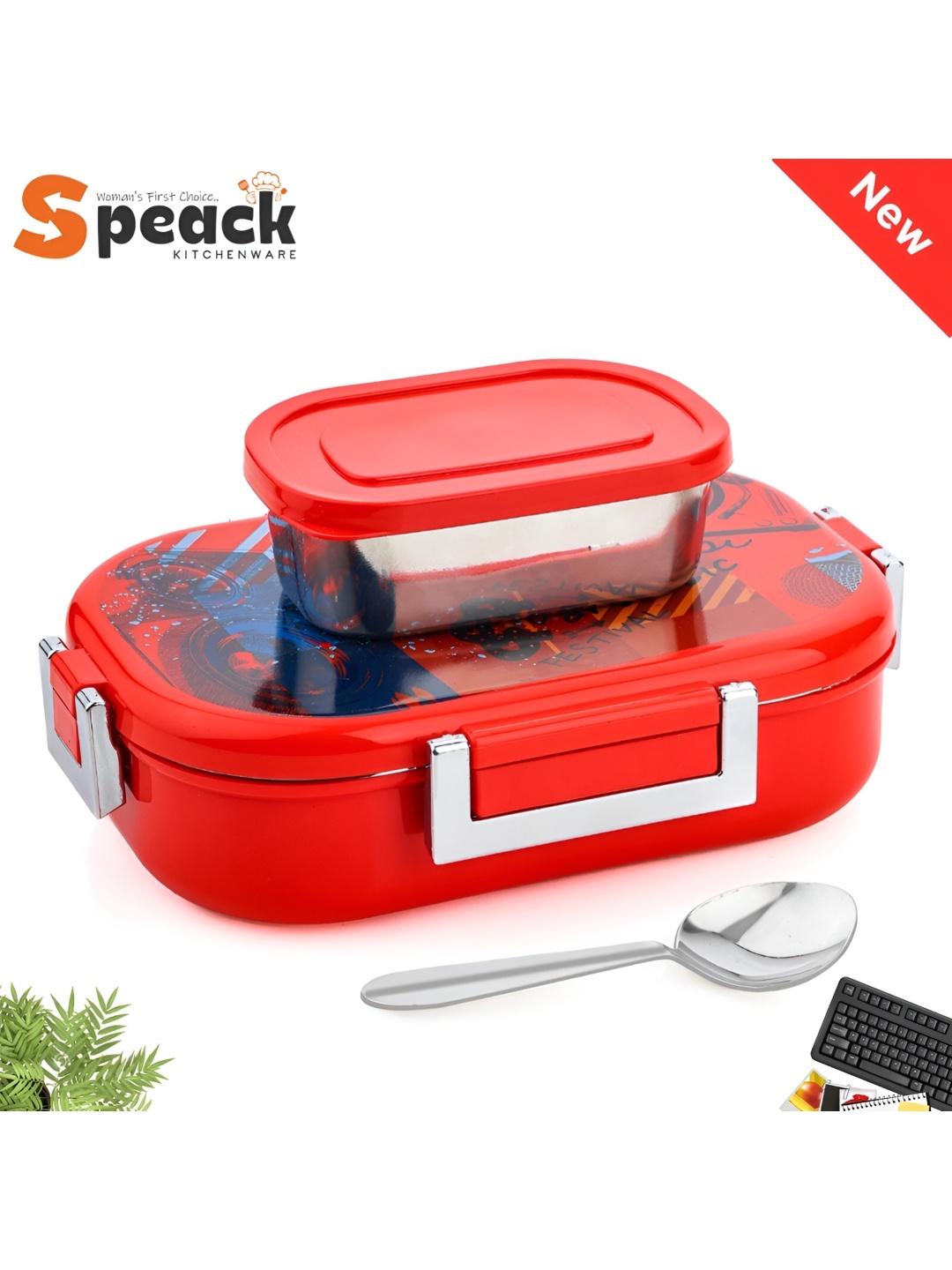 

Speack Red Stainless Steel Dishwasher Safe Lunch Box 900 ml