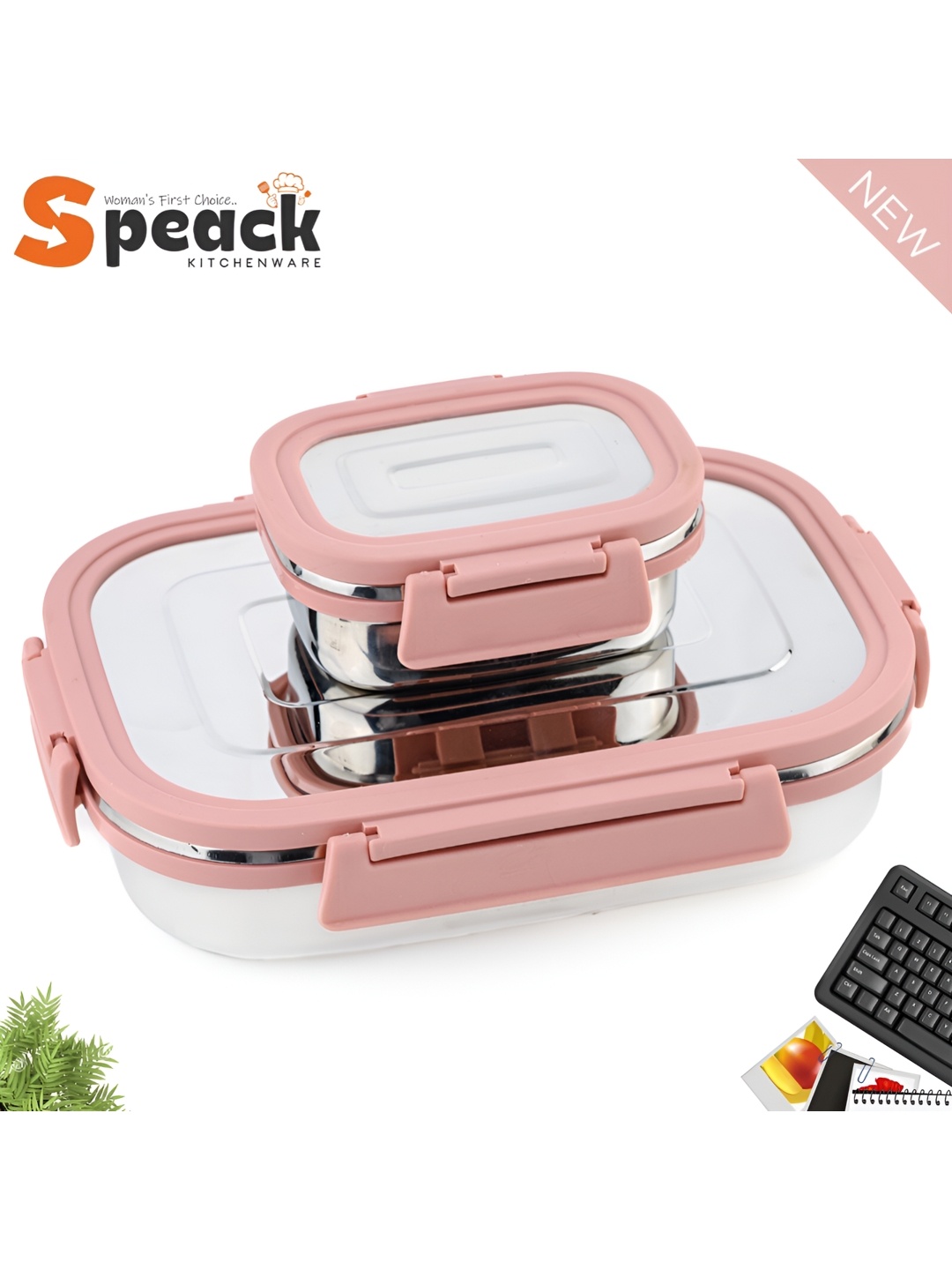 

Speack Pink Stainless Steel Dishwasher Safe Lunch Box 1.100 L