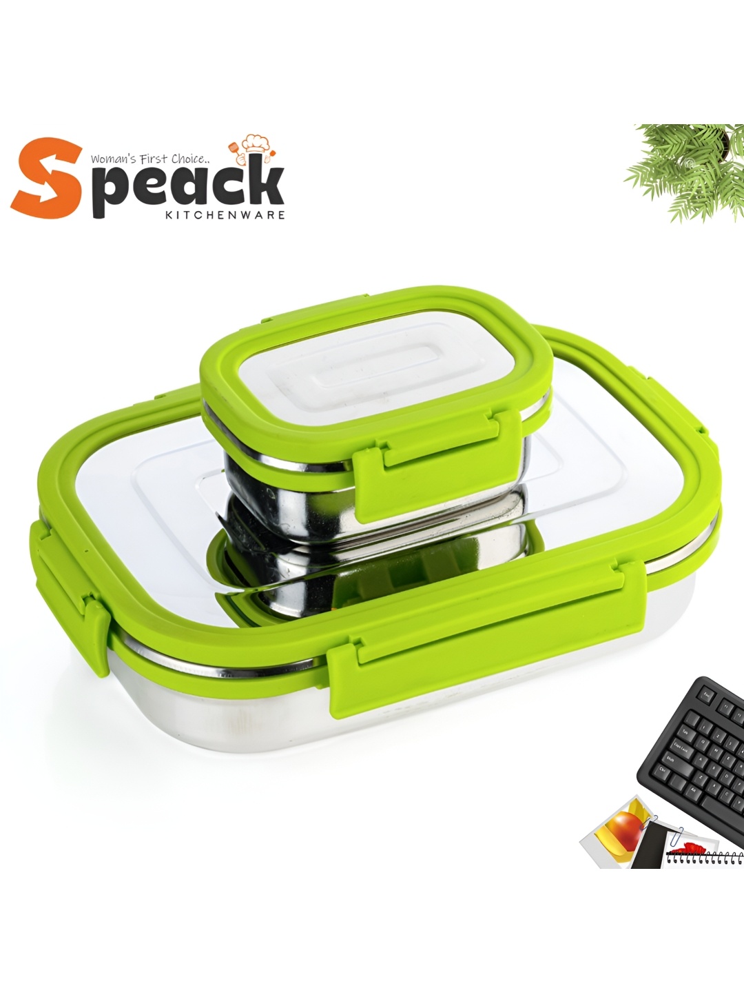 

Speack Green Stainless Steel Dishwasher Safe Lunch Box 1.100 ml