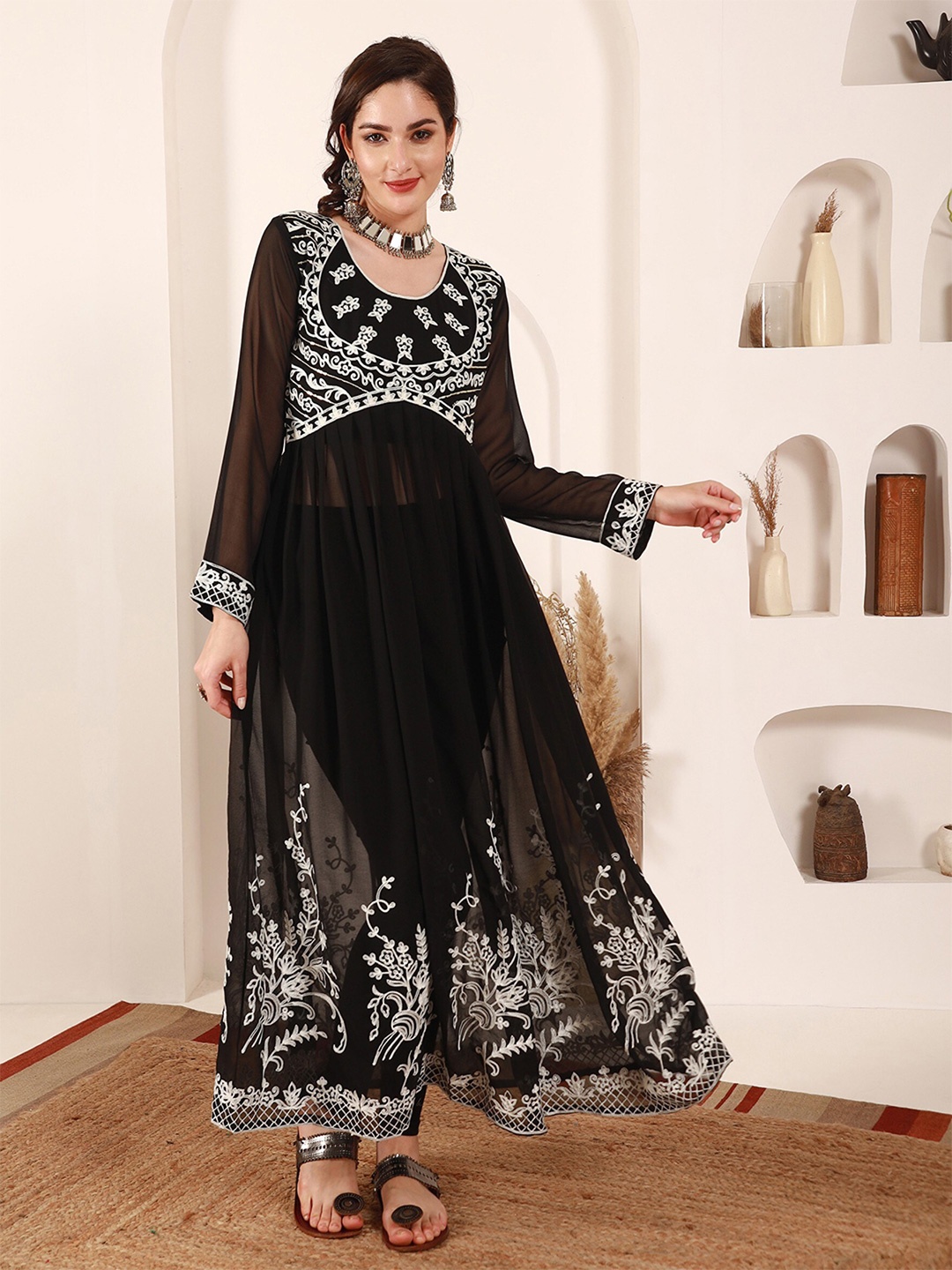 

Femvy Ethnic Motifs Embroidered Georgette Anarkali Kurta, Black