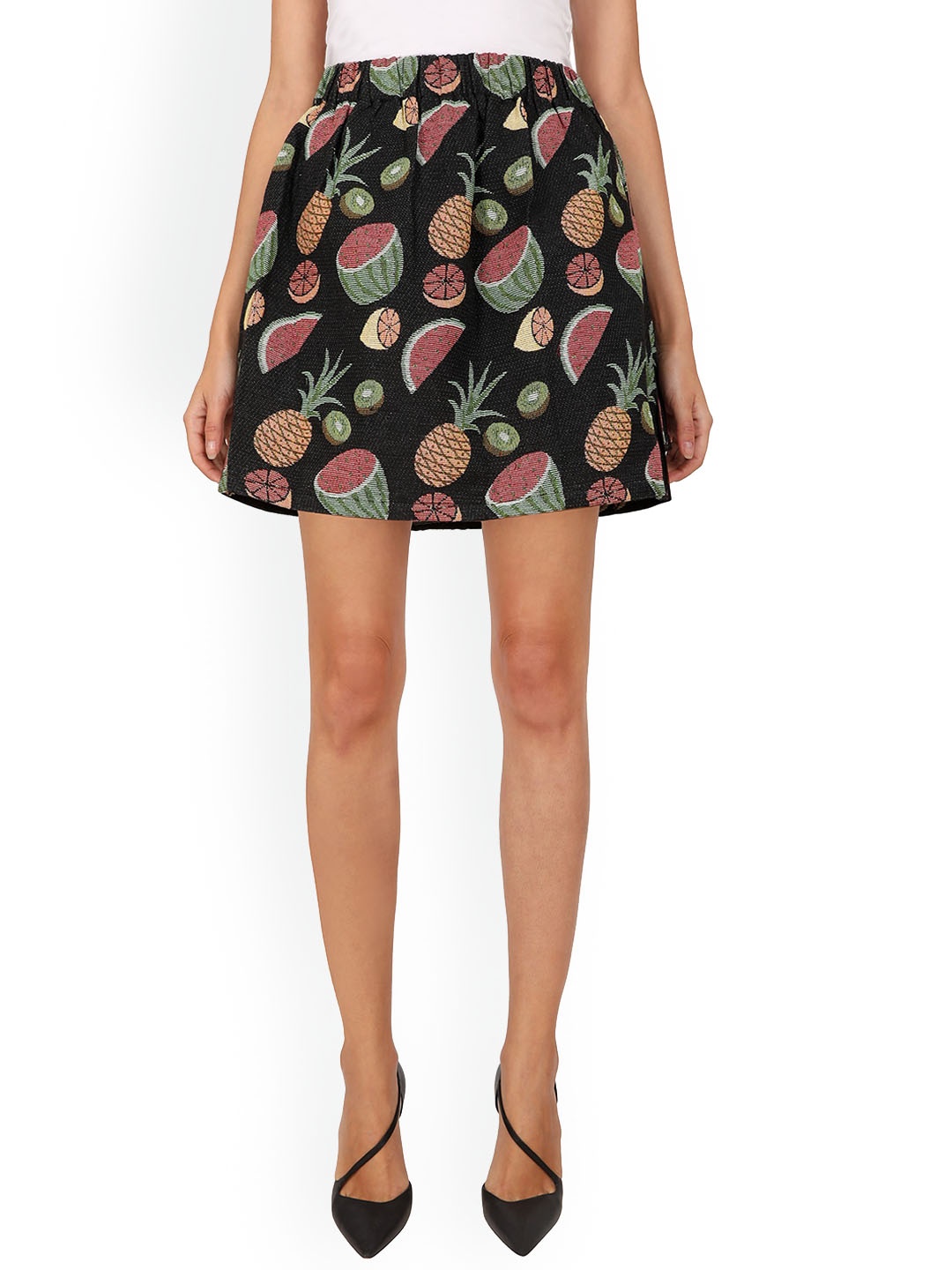 

Ashtag Conversational Printed Jacquard Flared Skirt, Black