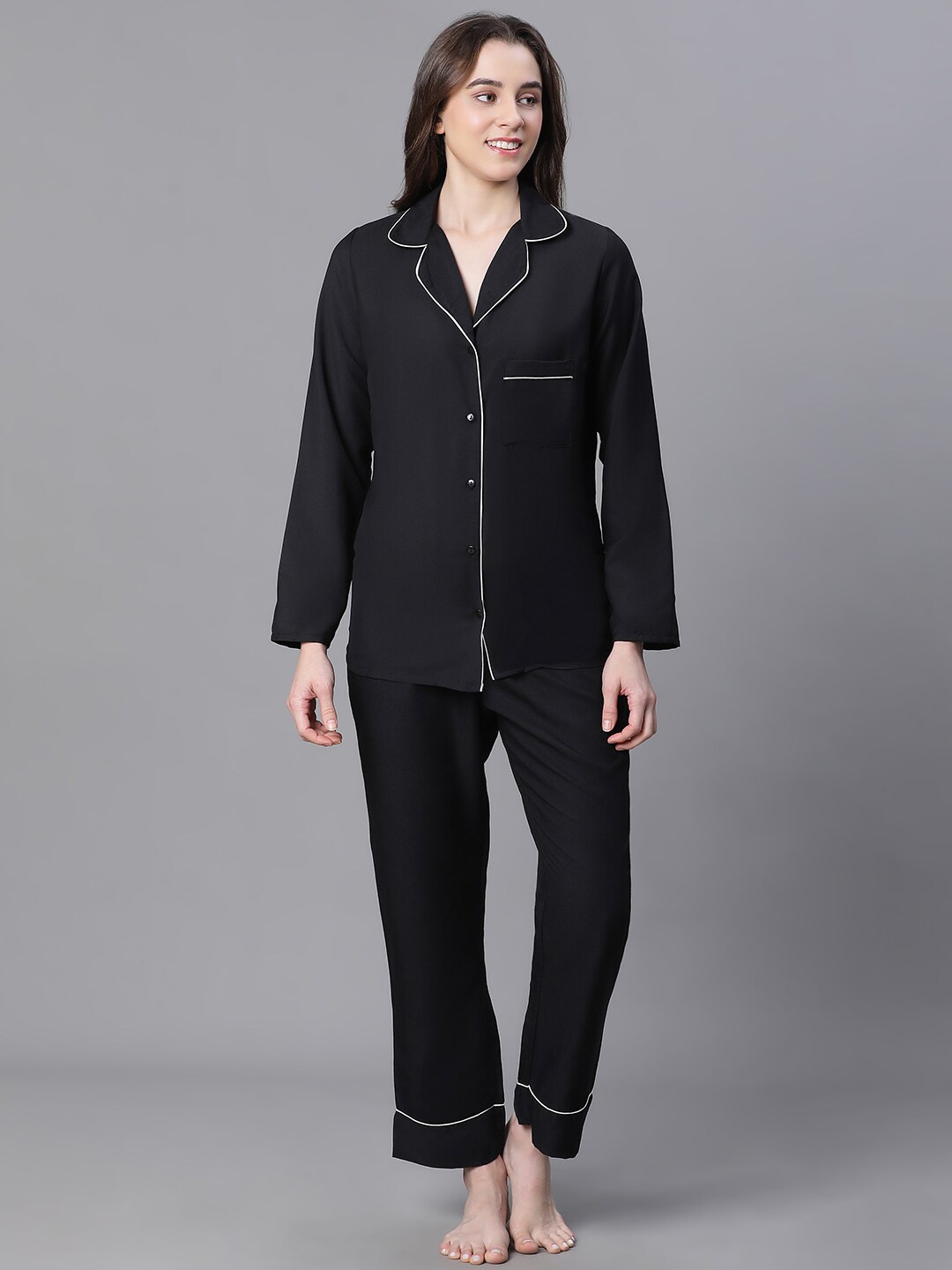 

Oxolloxo Lapel Collar Night Suit, Black