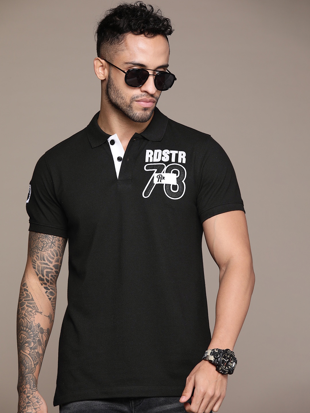

Roadster Men Typography Embroidered Polo Collar T-shirt, Black
