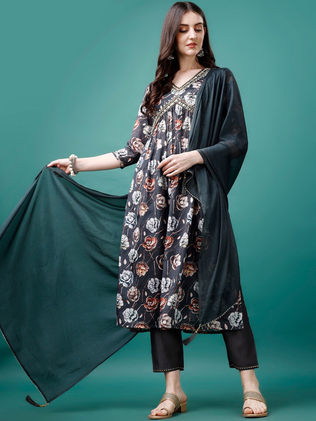 

KALINI Women Floral Embroidered Pleated Beads &Stones Kurta with Trousers & Dupatta, Grey