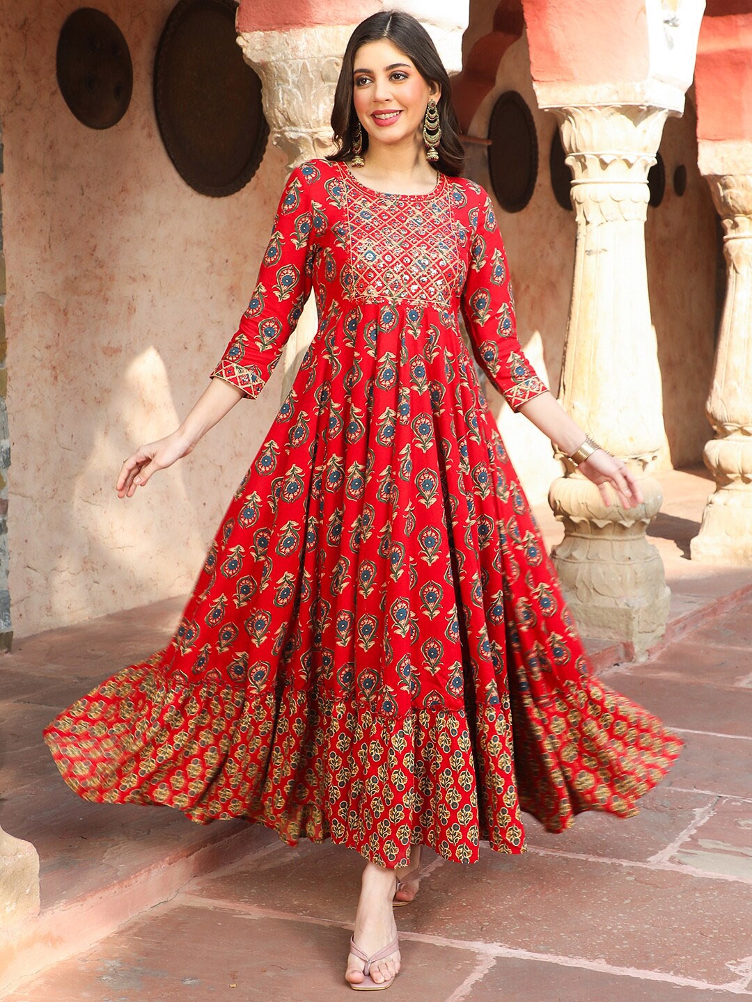 

GULMOHAR JAIPUR Floral Printed Zari Round Neck Anarkali Kurta, Red