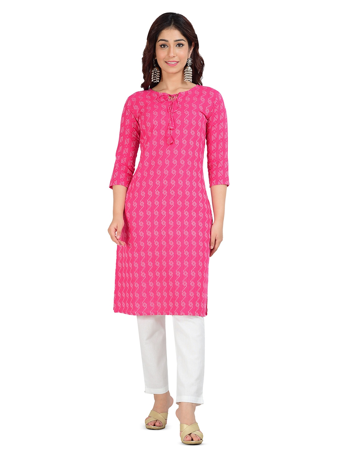 BAESD Abstract Print Woven Design Tie-Up Neck Cotton Straight Kurta, Pink