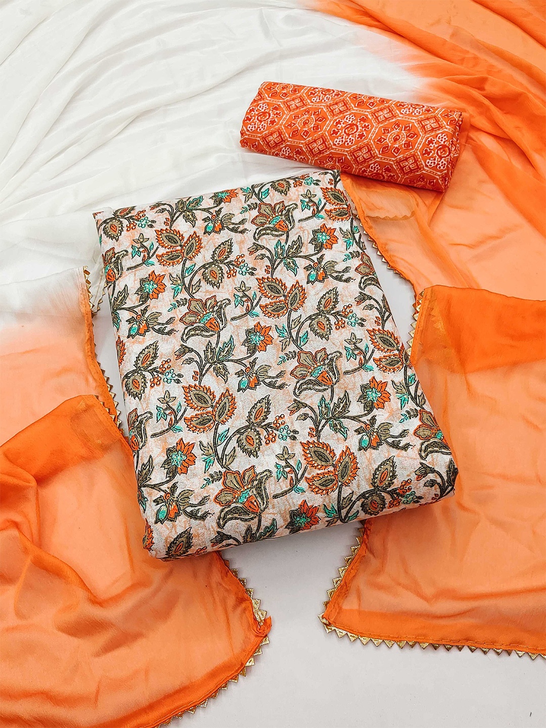

Panzora Floral Printed Unstitched Dress Material, Orange