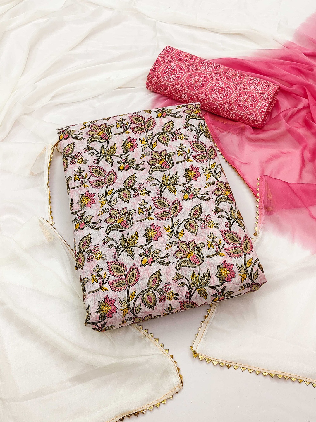 

Panzora Floral Printed Gotta Patti Unstitched Dress Material, Pink