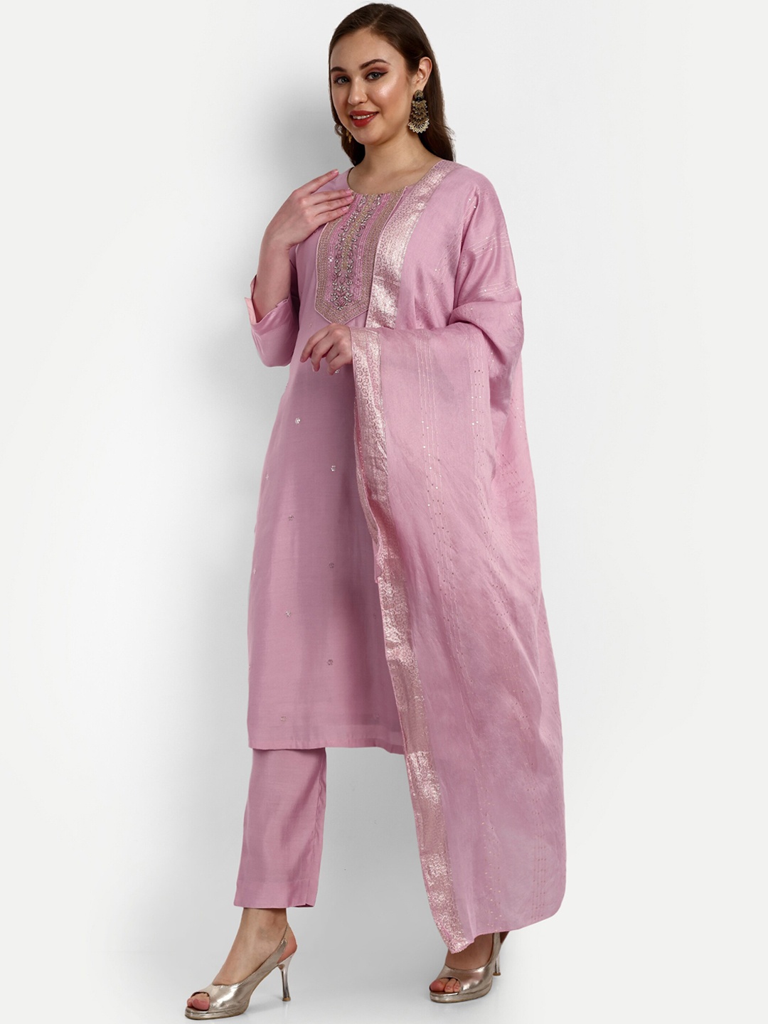 

V B SONS Embroidered Chanderi Silk Straight Kurta with Trousers & With Dupatta, Pink