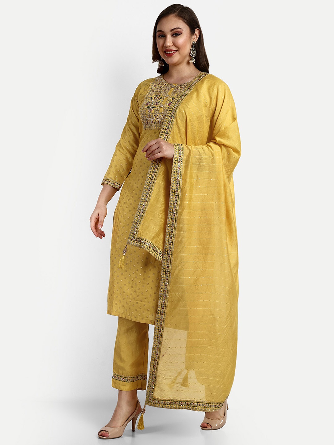 

V B SONS Embroidered Straight Kurta with Trousers & With Dupatta, Mustard