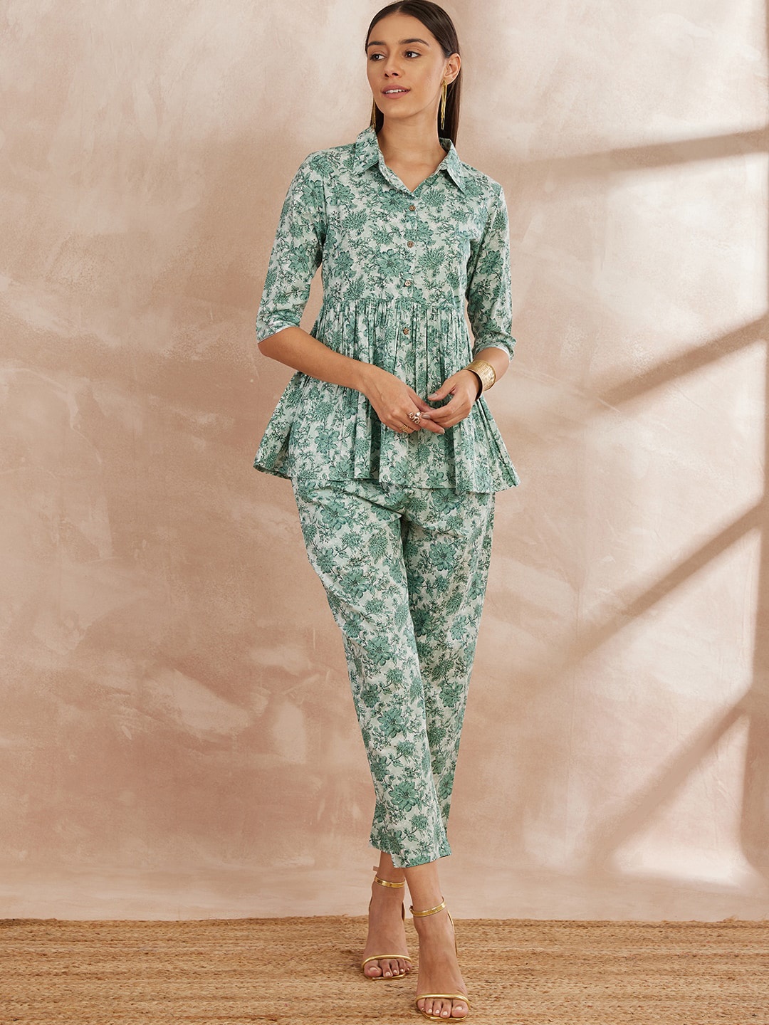 

all about you Floral Printed Pure Cotton Tunic With Trouser, Green