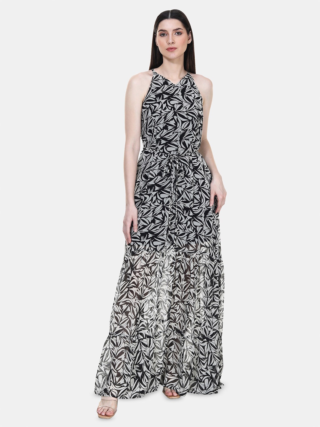 

TSM Abstract Printed Shoulder Straps Georgette Tiered Maxi Dress, Black