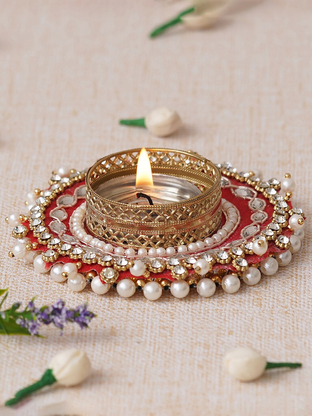 

eCraftIndia Red & Gold Toned Textured Round Shaped Metal Candle Holder