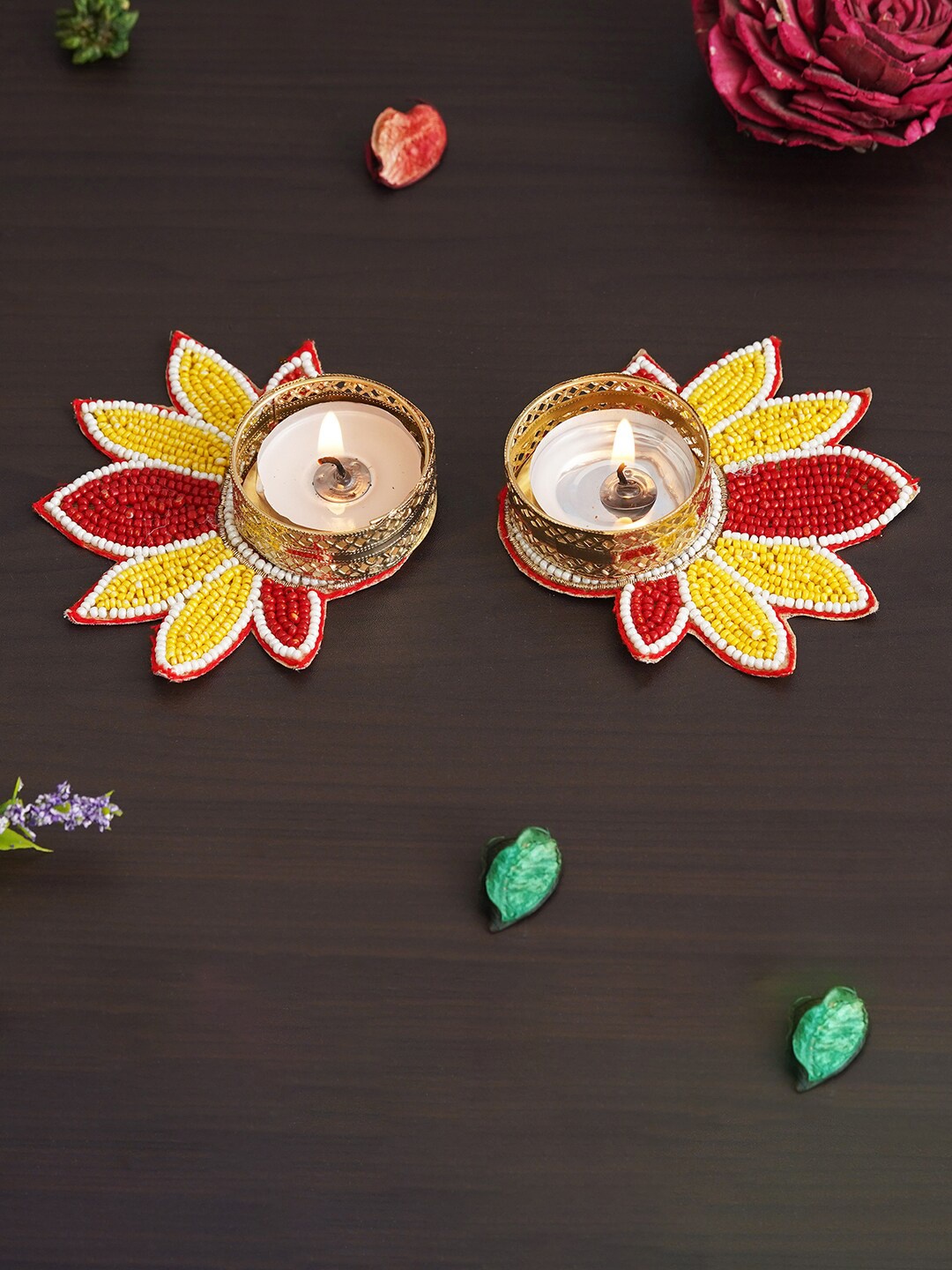

eCraftIndia Yellow & Red 2 Pieces Textured Flower Shaped Metal Candle Holders