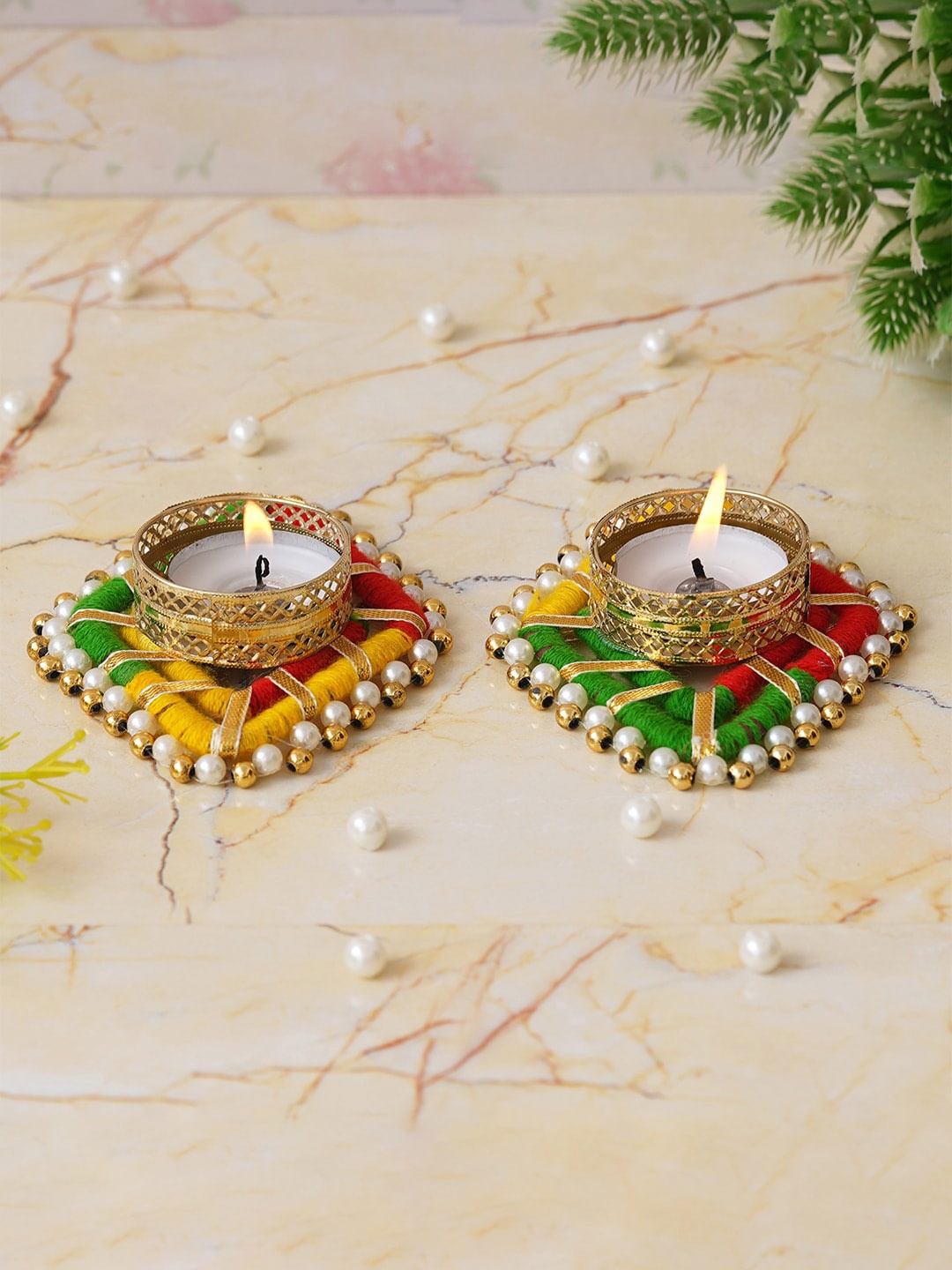 

eCraftIndia Gold Toned & Green 2 Pieces Traditional Decorative Tea Light Candle Holders