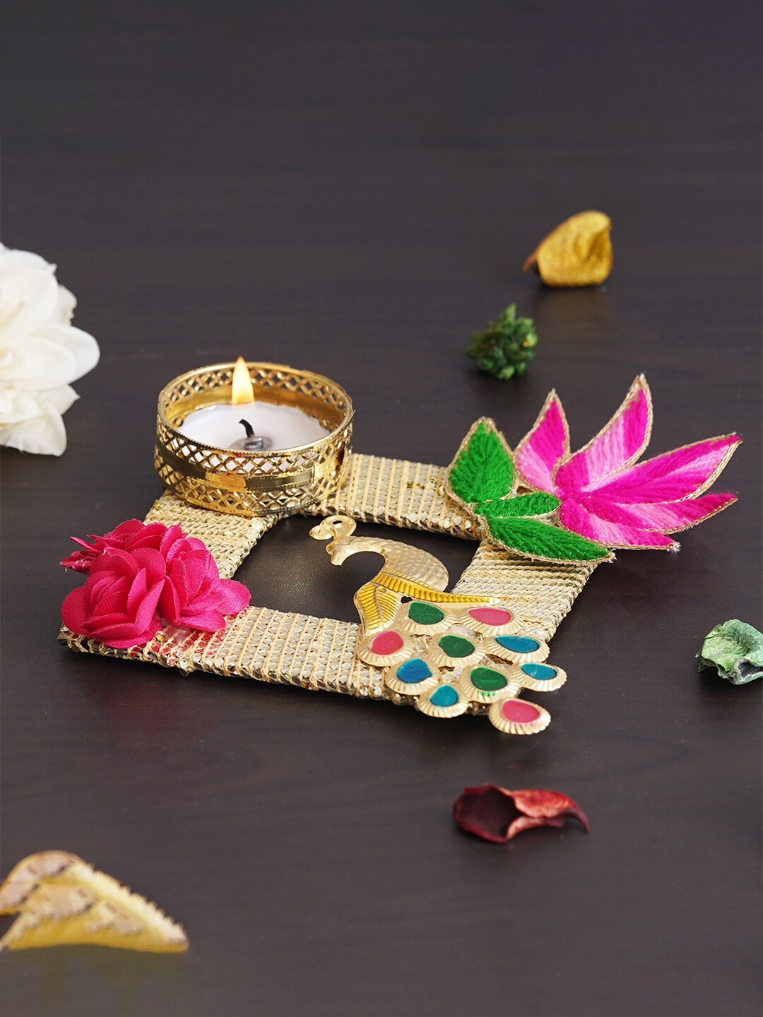 

eCraftIndia Gold Toned Peacock Rose Lotus Flowers Decorative Tea Light Candle Holder