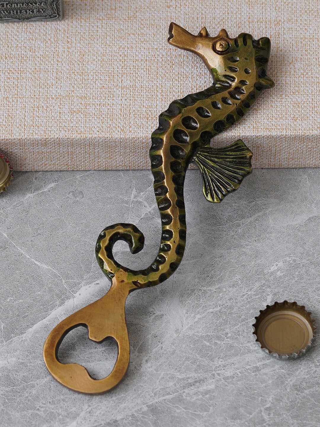 

eCraftIndia Brass Sea Horse Fish Bottle Opener, Brown