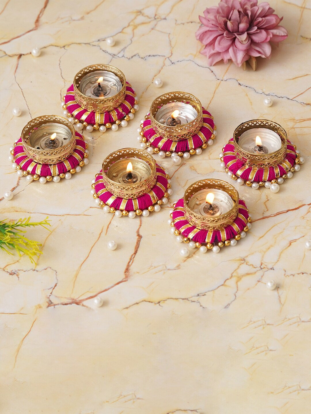 

eCraftIndia Pink & Gold Toned 6 Pieces Round Shaped Candle Holders