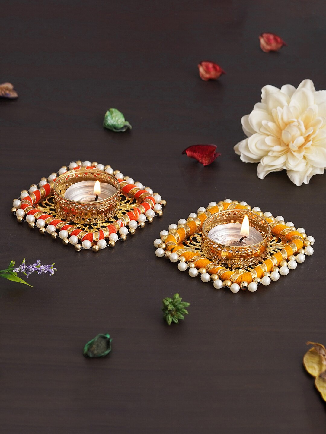 

eCraftIndia Gold Toned & Orange 2 Pieces Round Shaped Candle Holders