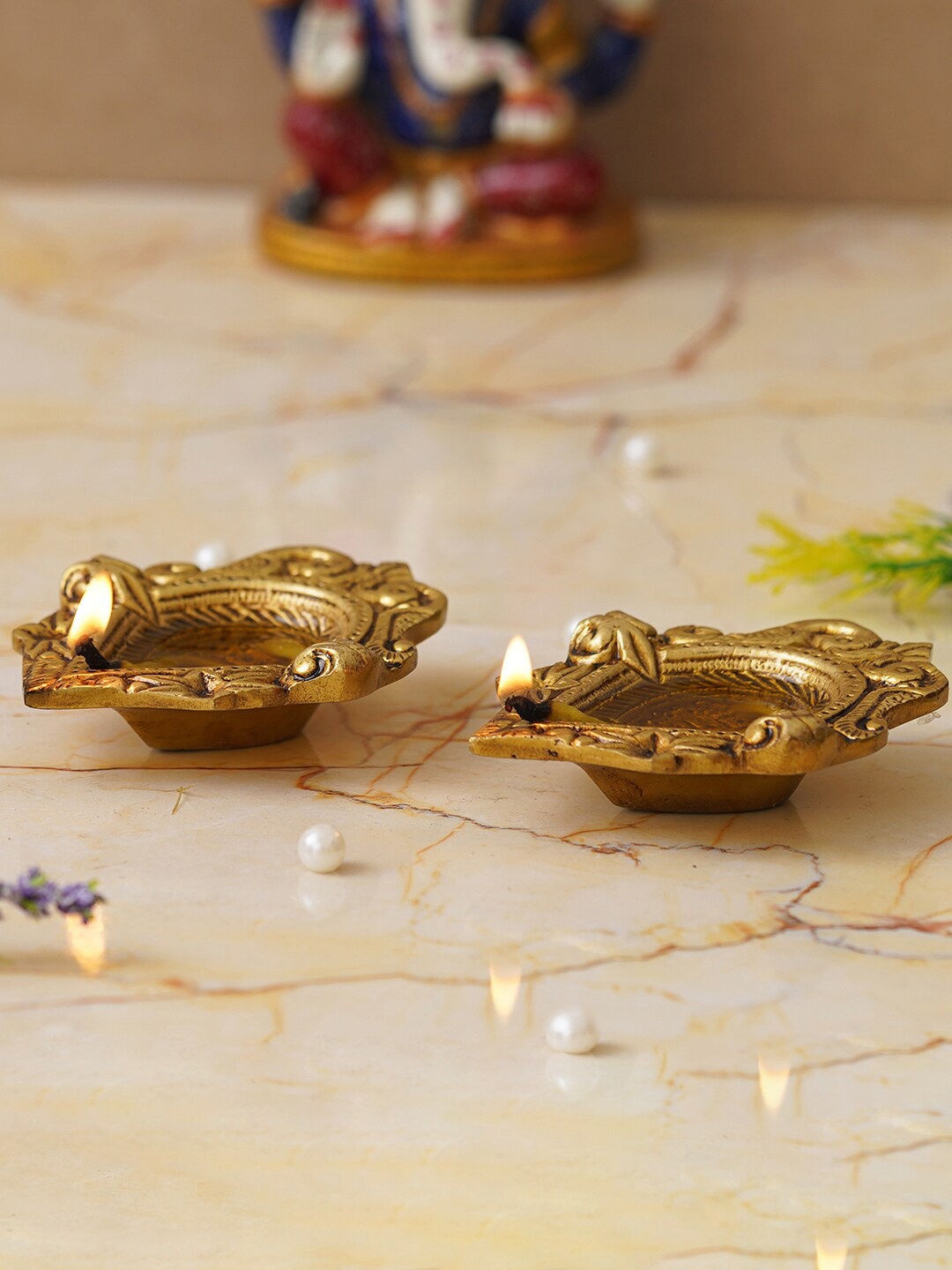 

eCraftIndia 2 Pieces Beige Ethnic Design Decorative Diyas