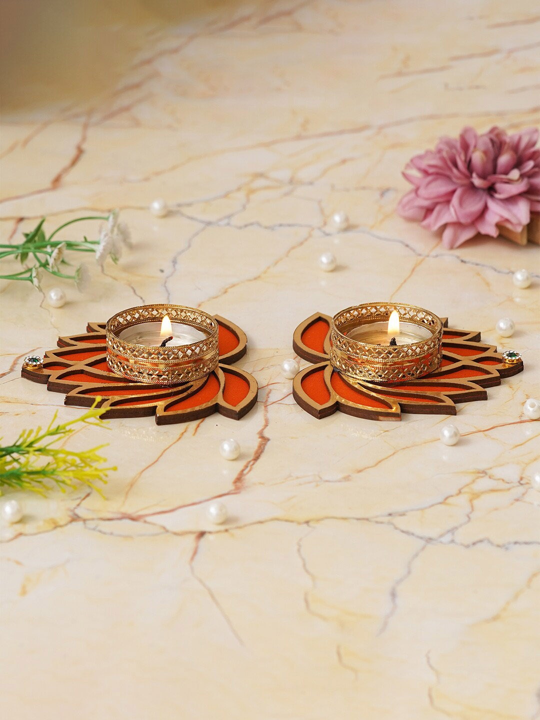 

eCraftIndia Gold Toned & Orange 2 Pieces Round Shaped Candle Holders