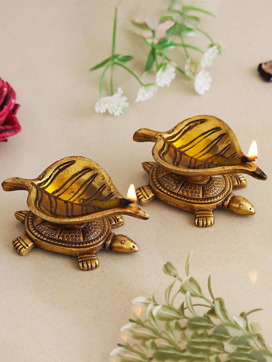 

eCraftIndia 2 Pcs Tortoise Statue Leaf Brass Diyas, Gold