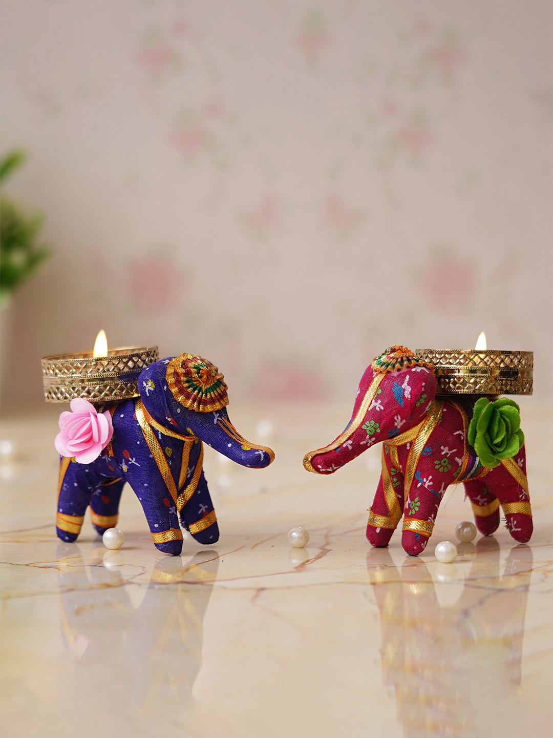 

eCraftIndia Pink & Purple 2 Pieces Elephant Round Metal Tea Light Candle Holders